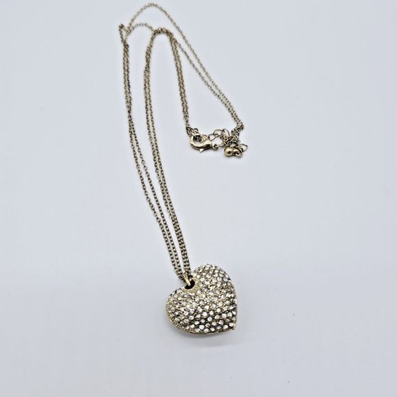 Puffy Pave Heart Necklace Gold Tone Rhinestone Double Chain Feminine Romantic - Picture 7 of 13